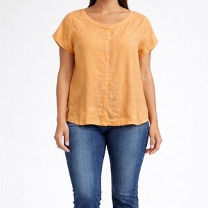 Eileen Fisher 100% Irish Linen Short Sleeve Button Front‎ Top-Petite Small